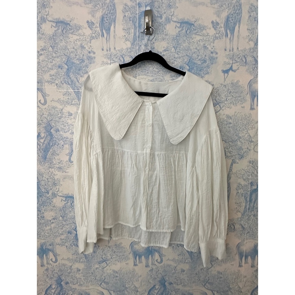 Peter Pan Collar Babydoll Blouse Prairie vintage romantic soft style white S - Picture 4 of 7